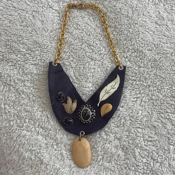 One Of A Kind Blue Leather Necklace  With Cameo & Beaded Leaves. Handmade By Me! - Picture 8 of 8